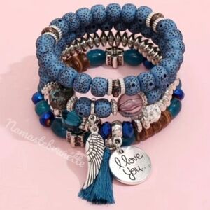 4pc Stackable Beaded Bracelet With Tassel, Wing & I Love You Charms